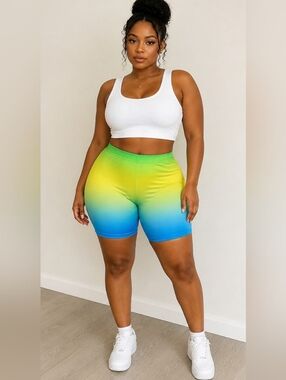 SHEIN Green-Yellow-Blue Gradient Biker Shorts